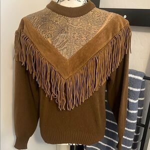 Vintage Pioneer Wear Brown Fringe Leather Acrylic Blend Boho Sweater Festival